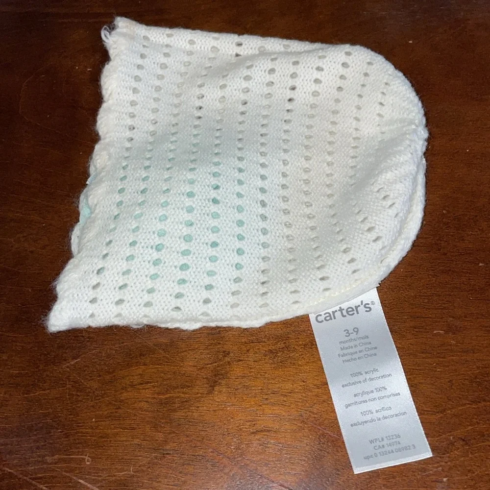 Carter’s Baby Girl White Knit Beanie Hat with Aqua Blue Flower 3-9 Months